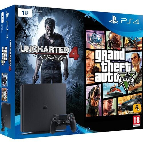 PlayStation 4 Slim 1000GB - Zwart + Uncharted 4: A Thief ́s End + Grand Theft Auto V Tweedehands