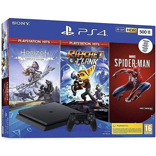 PlayStation 4 Slim 500GB - Zwart + Marvel’s Spider-Man + Horizon Zero Dawn + Ratchet & Clank Tweedehands