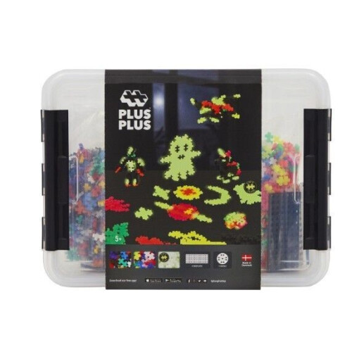 Plus-Plus Build & Glow - Opbergbox - 2000 delige bouwset met 600 glow-in-the-dark steentjes