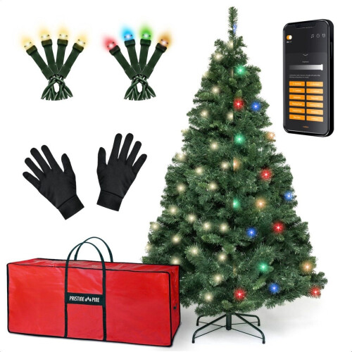 PristinePine Nordic Forest Fir - Volle Kerstboom met LED-verlichting (917 takken) - Kunstkerstboom inclusief opbergtas en handschoenen - 280 Gekleurde en Warm witte lampjes - Bediening via app - 180 cm