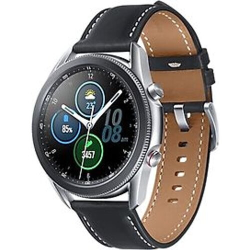 Samsung Galaxy Watch3 45 mm roestvrijstalen behuizing zilver met zwarte leren polsband [Wifi] Tweedehands