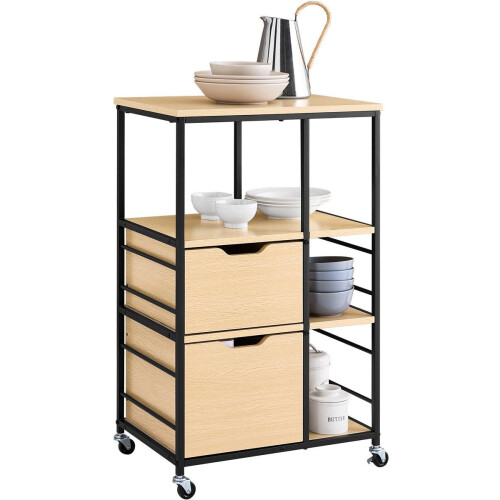 SoBuy FKW111-N - Keukentrolley - 2 lades 3 planken - Natuurlijk hout zwart metaal 89x53x37cm