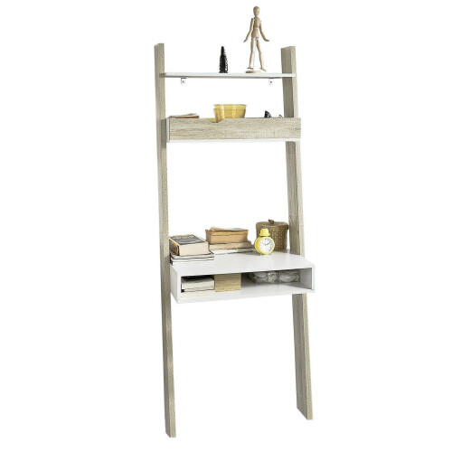 SoBuy FRG111-WN - Boekenplank met Bureau - Wandmodel MDF/Spaanplaat - 40 x 65 x 176 cm - Wit/Naturel Tweedehands