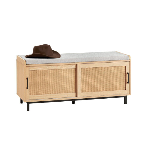 SoBuy Schoenenkast met gestoffeerd zitvlak - 2 Schuifdeuren - 110 x 40 x 49 cm - Naturel/ Grijs