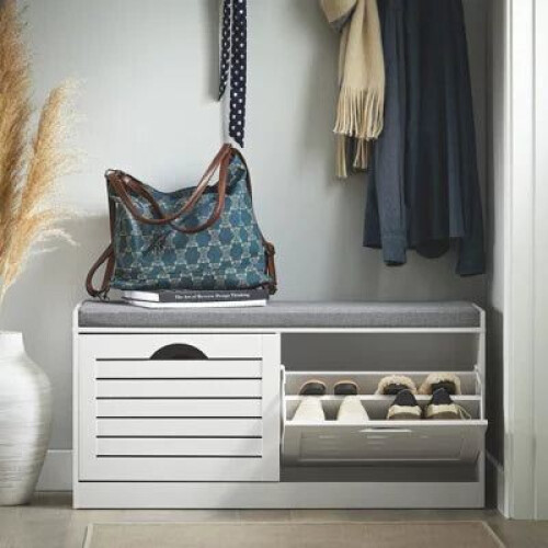 SoBuy Schoenenkast met Zitkussen - 2 Kleppen - 94 x 30 x 47 cm - Wit
