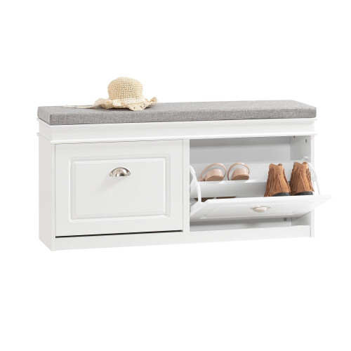 SoBuy Schoenenkast - Schoenenbank met Zitkussen en 2 Kleppen - Wit - 104 x 24 x 51 cm