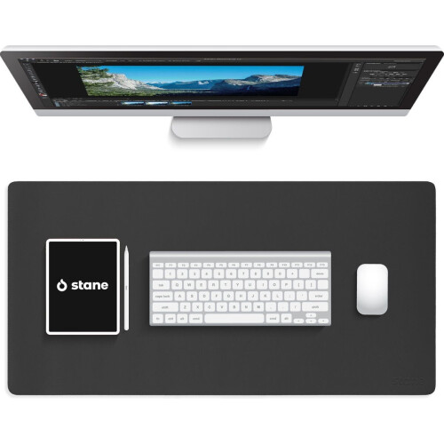 STANE Bureauonderlegger - XXL muismat - Vegan Leer - Dubbel gestikt - Zwart - 80x40 cm