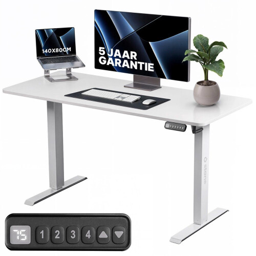 Stane Zit Sta Bureau Elektrisch Verstelbaar - 4 Geheugenstanden - 140 x 80 cm - Wit