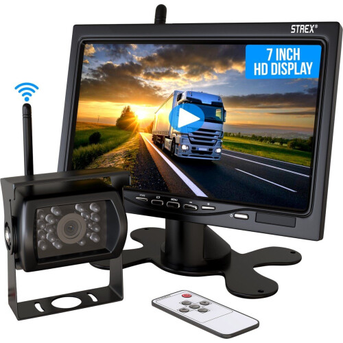 Strex Achteruitrijcamera Set - Draadloos - 7"Scherm - Nachtzicht 18LED 15m - IP67 Waterdicht - Voor Auto Camper Caravan Vrachtwagen Landbouw Boot Tractor