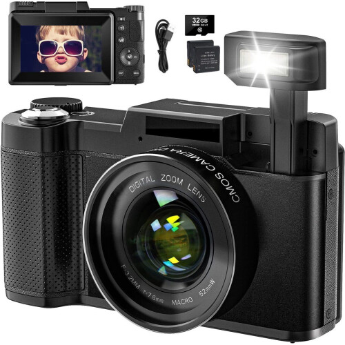 SWAGILOUD Digitale Camera - 4K 48MP Vlogging Camera - 16X Digitale Zoom 180° Flip Scherm - Zwart (32 GB TF-kaart 2 Batterijen) Tweedehands
