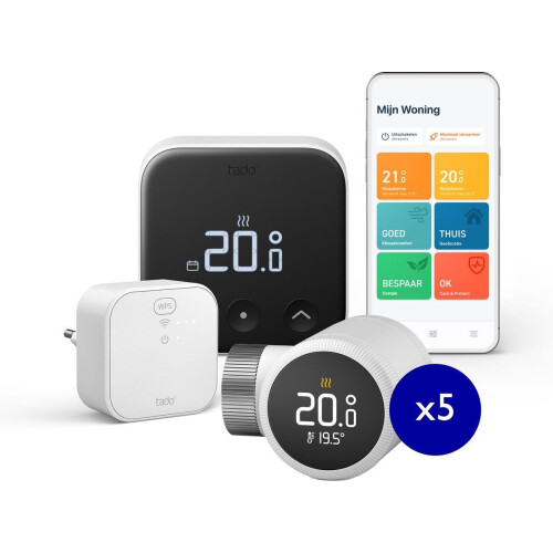 tado° Slimme Thermostaat X - Starterskit - incl. Matter Bridge&5 Radiatorknoppen - Bedrade variant - Zwart/Wit