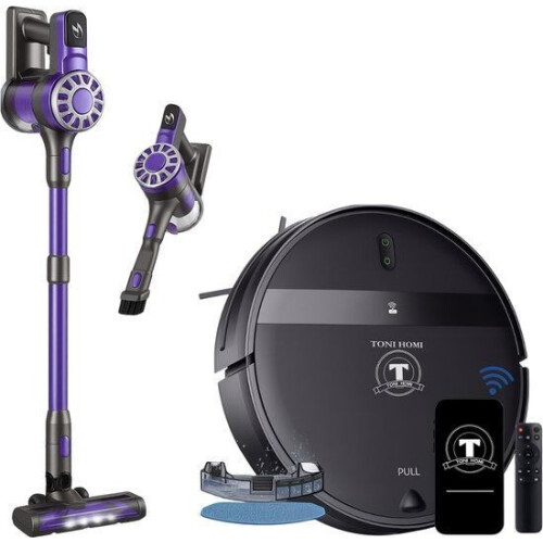 TONIHOMI G20 + V07 - Combi deal Robotstofzuiger met dweilfunctie en steelstofzuiger - Automatisch opladen - Robotstofzuiger app - Huisdieren - Zwart