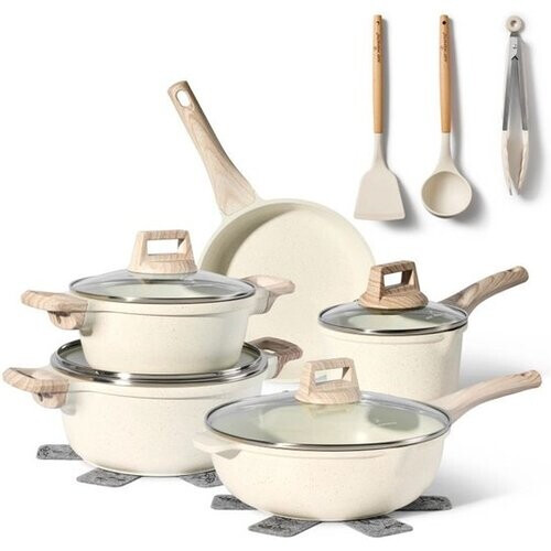 Tweedekans 14-delige pannenset antiaanbaklaag in beige graniet - Geschikt voor alle warmtebronnen, inclusief inductie Just Perfecto JL-777 Tweedehands