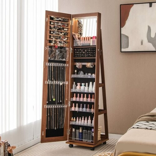 Tweedekans 163 cm Afsluitbare Juwelenkast Geïntegreerde Make-Upspiegel 3-Kleurige LED-Verlichting Verstelbare Legplanken Universele Wielen Tweedehands