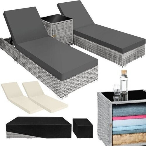 Tweedekans 2 luxe wicker ligbedden met tafel - incl. beschermhoes - lichtgrijs - 403770 Tweedehands