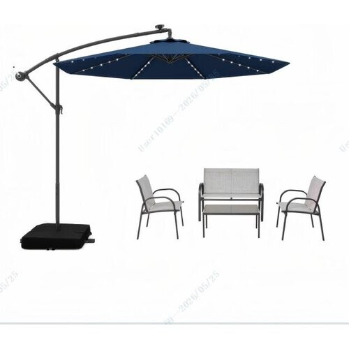 Tweedekans 5-delige Tuinset met 3 m Zweefparasol en LED Verlichting - Blauw/Grijs Tweedehands