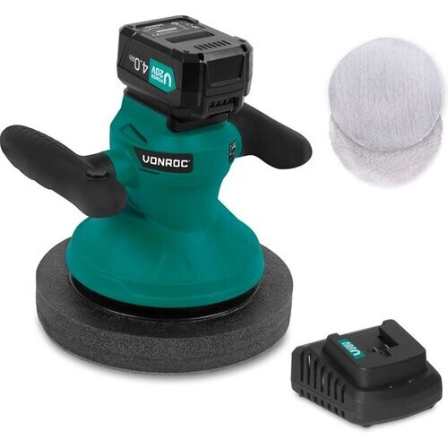 Tweedekans Accu polijstmachine - poetsmachine 20V - Ø240mm – Incl. verstelbare handgrepen, 2 polijsthoezen en opbergtas – Incl. 4.0Ah accu en snellader Tweedehands