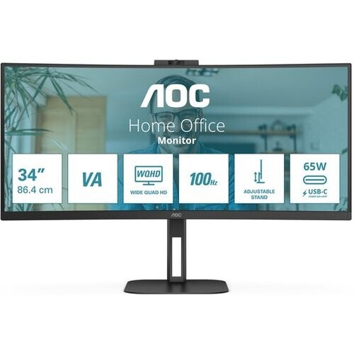 Tweedekans AOC V5 CU34V5CW - QHD Gebogen Ultrawide Monitor - USB-C - 65w - Webcam - 34 inch Tweedehands