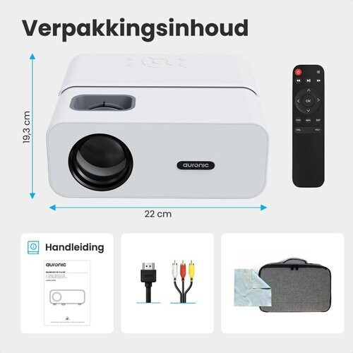 Tweedekans Auronic Beamer - WiFi - 170 inch Projector - Full HD - HDMI-kabel, Afstandsbediening, Projectiescherm en Draagtas - Wit Tweedehands