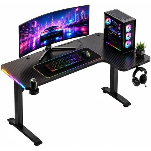 Tweedekans Avalo Gaming Bureau - 160x100x75 CM - L Vormig Hoekbureau - Game Desk Met LED Verlichting - Tafel - Zwart - Hoek Rechts