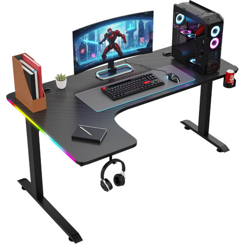 Tweedekans Avalo - Gaming Bureau & L-Vormig Hoekbureau - 160x100x75 cm - Met RGB LED-verlichting - Bekerhouder & Headsethaak - RVS & ABS - Zwart Tweedehands
