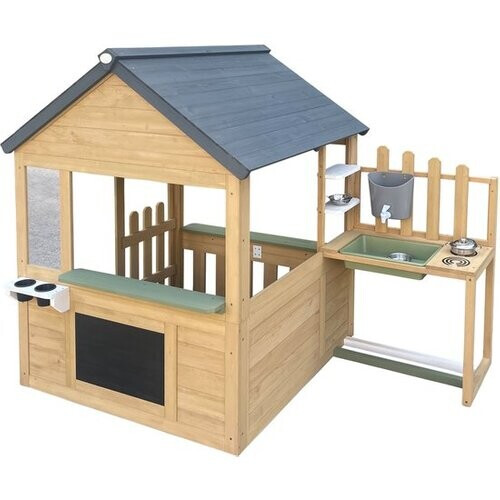 Tweedekans AXI Lizz Speelhuis Bruin/antraciet – Houten Speelhuisje met Speelkeuken, Krijtbord, Spiegel, Bloempotten en accessoires – FSC hout – Tuinhuisje voor Kinderen – 10 jaar garantie Tweedehands