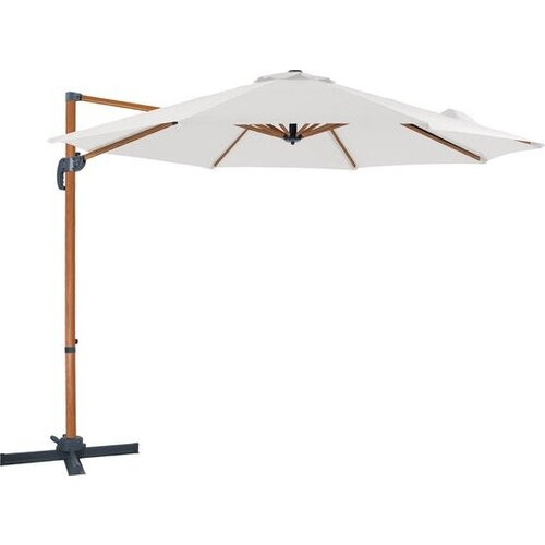 Tweedekans AXI Marisol Zweefparasol Ø 300cm Houtlook/beige incl. Hoes – Gepoedercoat aluminium frame met kruisvoet – 360° Draaibaar – Kantelbaar – UV werend doek Tweedehands