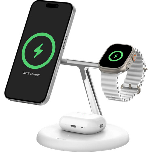 Tweedekans Belkin Boost Charge Pro MagSafe en Qi2 3-in-1 Draadloze Oplader 15W met Standaard Wit Tweedehands