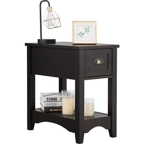 Tweedekans Bijzettafel met Lade en Plank 2 Verdiepingen Tellende Sofatafel Smal Nachtkastje Koffietafel voor Woonkamer Slaapkamer (Walnoot) Tweedehands