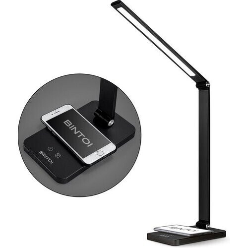 Tweedekans Bintoi Bureaulamp – Dimbaar & Met Draadloos Oplaadstation – 5 W – 11 x 19 x 36 cm – Zwart Tweedehands