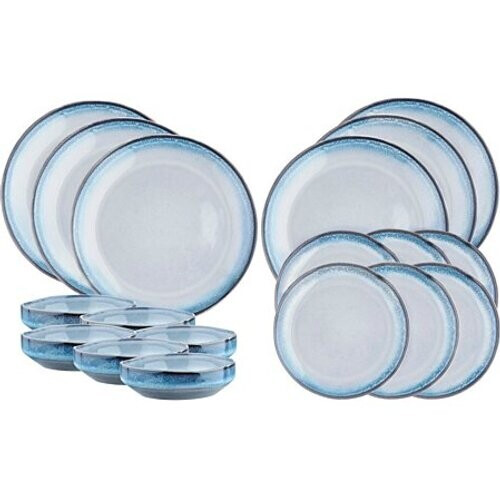 Tweedekans Bjorn Servies 18 delige set - wit/blauw met zwarte rand Tweedehands