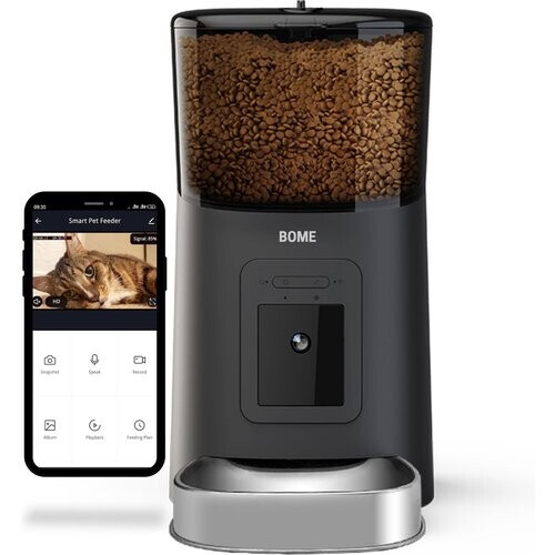 Tweedekans BOME Voerautomaat - 19.5 x 35.7 x 32.1cm - Capaciteit 6L - Camera en Audio - Inclusief SD-Kaart - Automatische Voerbak Kat of Hond - Zwart Tweedehands