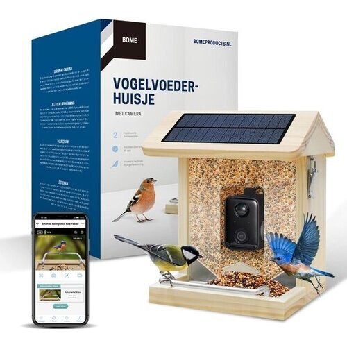 Tweedekans BOME - Vogelvoederhuisje - Camera en Audio - AI Vogelherkenning - Hout - Dubbel zonnepaneel - Hangend Tweedehands