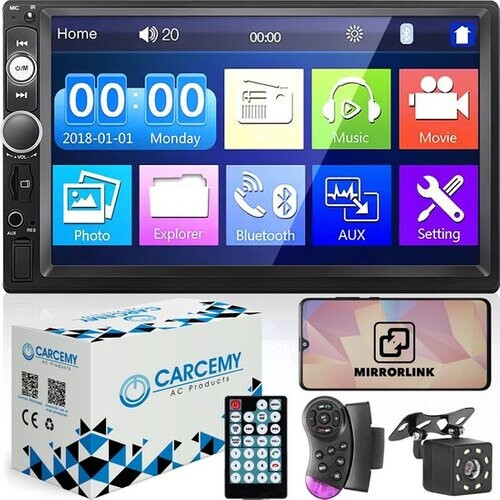 Tweedekans Carcemy Autoradio met Bluetooth voor alle auto's - USB & Aux - Handsfree bellen - Mirrorlink - Met ingebouwde Microfoon - Inclusief 8 Led Achteruitrijcamera Tweedehands