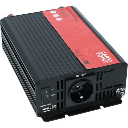 Tweedekans Carpoint Omvormer - 12V>230V - Zuivere Sinus - Continu vermogen 500W - Piekvermogen 1000 Watt – Uitgang Frans/Belgisch stopcontact – Permanente aansluiting op accu - Schokbestendig - Temperatuur geregelde koelventilator – Afmeting 210x150 Tweedehands