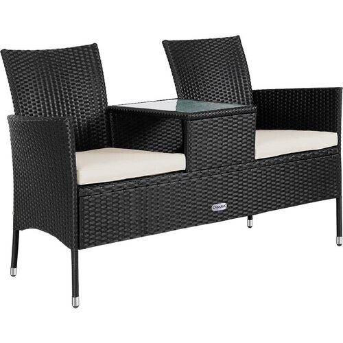 Tweedekans Casaria Polyrattan Tuinbank - Incl. Kussen Tafel 143x55x88 cm Zwart Tweedehands