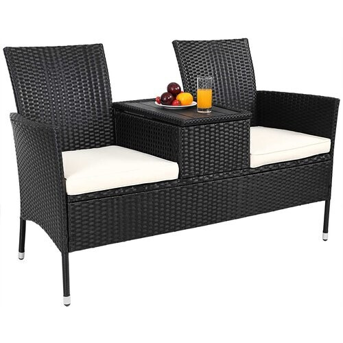 Tweedekans Casaria Tuinbank Polyrattan – 2 Zitter Incl. Tafel & Kussens – Zwart Tweedehands