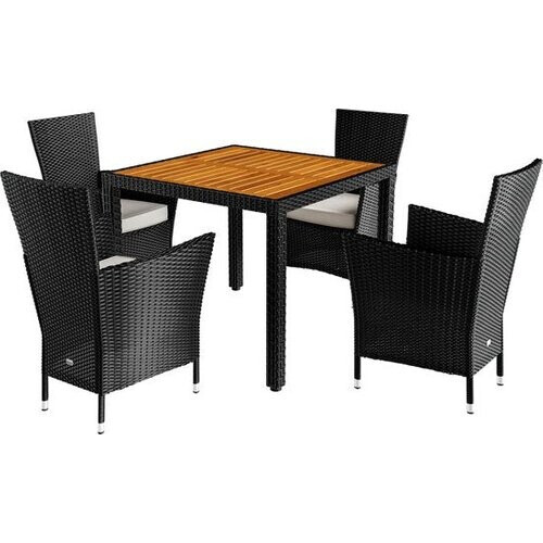 Tweedekans Casaria Tuinset - Tafel Acacia Polyrattan 150x90cm 4 Stoelen - Zwart