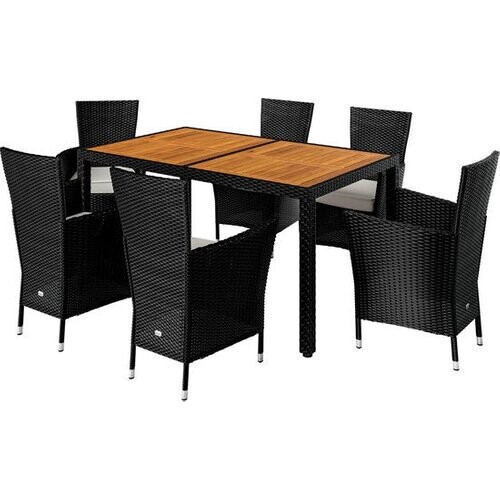Tweedekans Casaria Tuinset - Tafel Acacia Polyrattan 150x90cm 6 Stoelen - Zwart