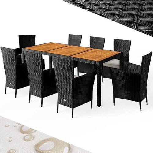 Tweedekans Casaria Tuinset - Tafel Acacia Polyrattan 150x90cm 8 Stoelen - Zwart