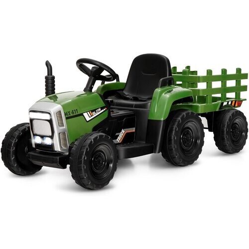 Tweedekans Coast 12V Kinder Trekker met Aanhangwagen Groen - 135 x 51 x 53 cm – Afstandsbediening – LED – Muziek – Bluetooth Tweedehands