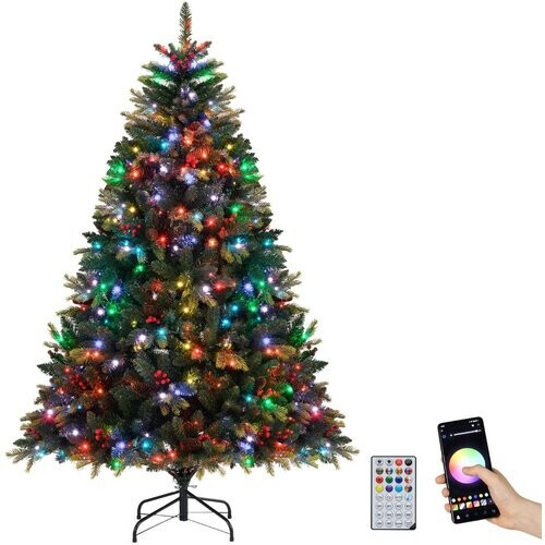 Tweedekans Coast 180 cm Kunstmatige Kerstboom Groen – Voorverlicht met 370 RGB-lampjes – APP-gestuurd – Met Kegels en Rode Bessen Tweedehands