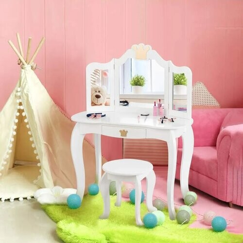 Tweedekans Coast 2 in 1 kapseltafel set kinderen kleedtafel meisje friery tafel houten spiegel tafel wit 80x42x105cm Tweedehands