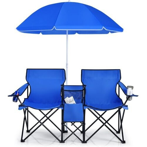 Tweedekans Coast 2-Zits Campingstoel - Met Parasol en Koeltas - Opvouwbaar - Blauw Tweedehands