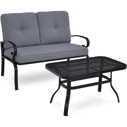 Tweedekans Coast 2-zits tuinbank met salontafel stoel met kussengrijs en zwart Tweedehands
