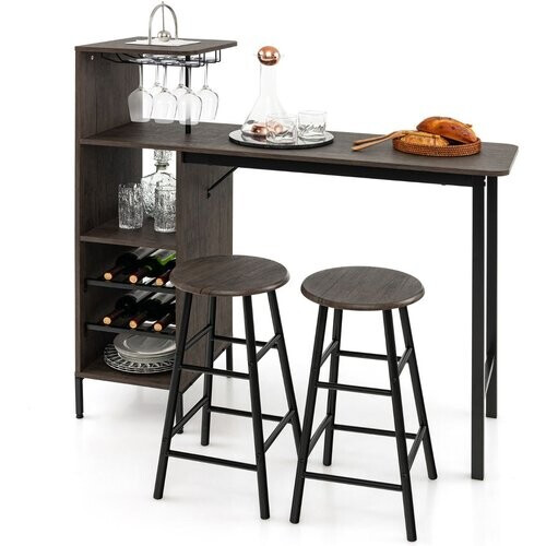 Tweedekans Coast 3-Delige Bartafelset - 2 Barkrukken - MDF met Metaal - 120 x 40 x 121.5 cm - Rustiek Bruin Tweedehands