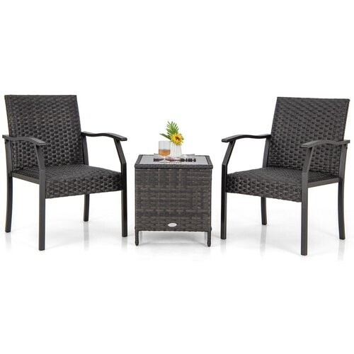 Tweedekans Coast 3-Delige Rieten Patio Set – 2 Gestoffeerde Stoelen 66x59x87 cm + Salontafel 46x46x49 cm – Bruin Mengsel, Gehard Glas & PE Rotan Tweedehands