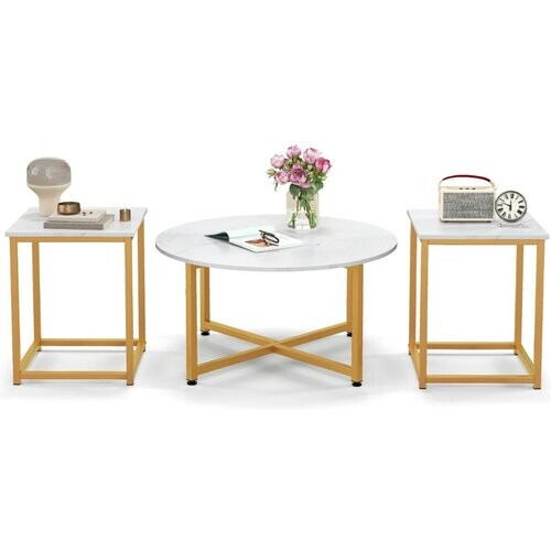 Tweedekans Coast 3 Delige Salontafelset - Ronde Salontafel met 2 Bijzettafels - Wit/Goud - Hout/Metaal Tweedehands