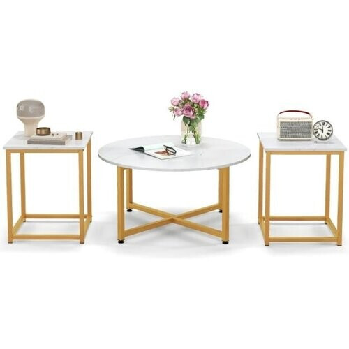Tweedekans Coast 3-Delige Salontafelset - Wit/Goud - Rond 80x42cm - Vierkant 40x40x50cm Tweedehands