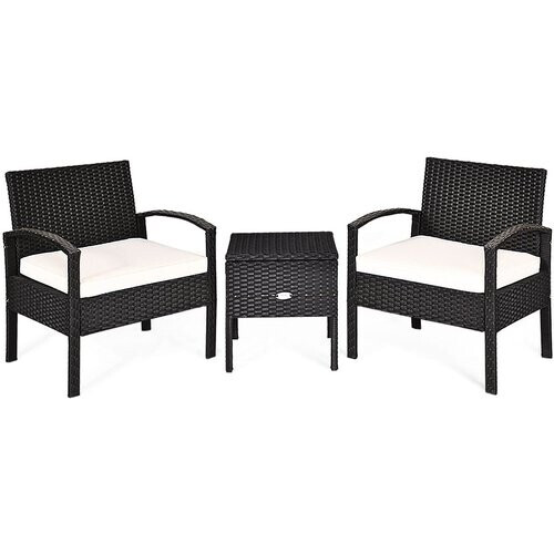Tweedekans Coast 3-Delige Zwarte Teunmeubelset - Tafel en 2 Stoelen - Polyrotan met Beige Kussens Tweedehands